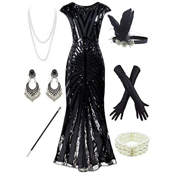 Women 1920S Gatsby Sequin Mermaid Formal Evening Dress with 20s Accessories Costume (L, Black)
