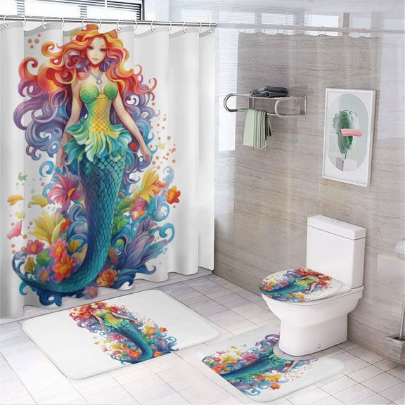 Mermaid 4 Pcs Shower Curtain Set with Rug Bathroom Sets with Waterproof Fabric And Non-Slip Rugs Toilet Lid Cover Bath Mat Decor with Hooks