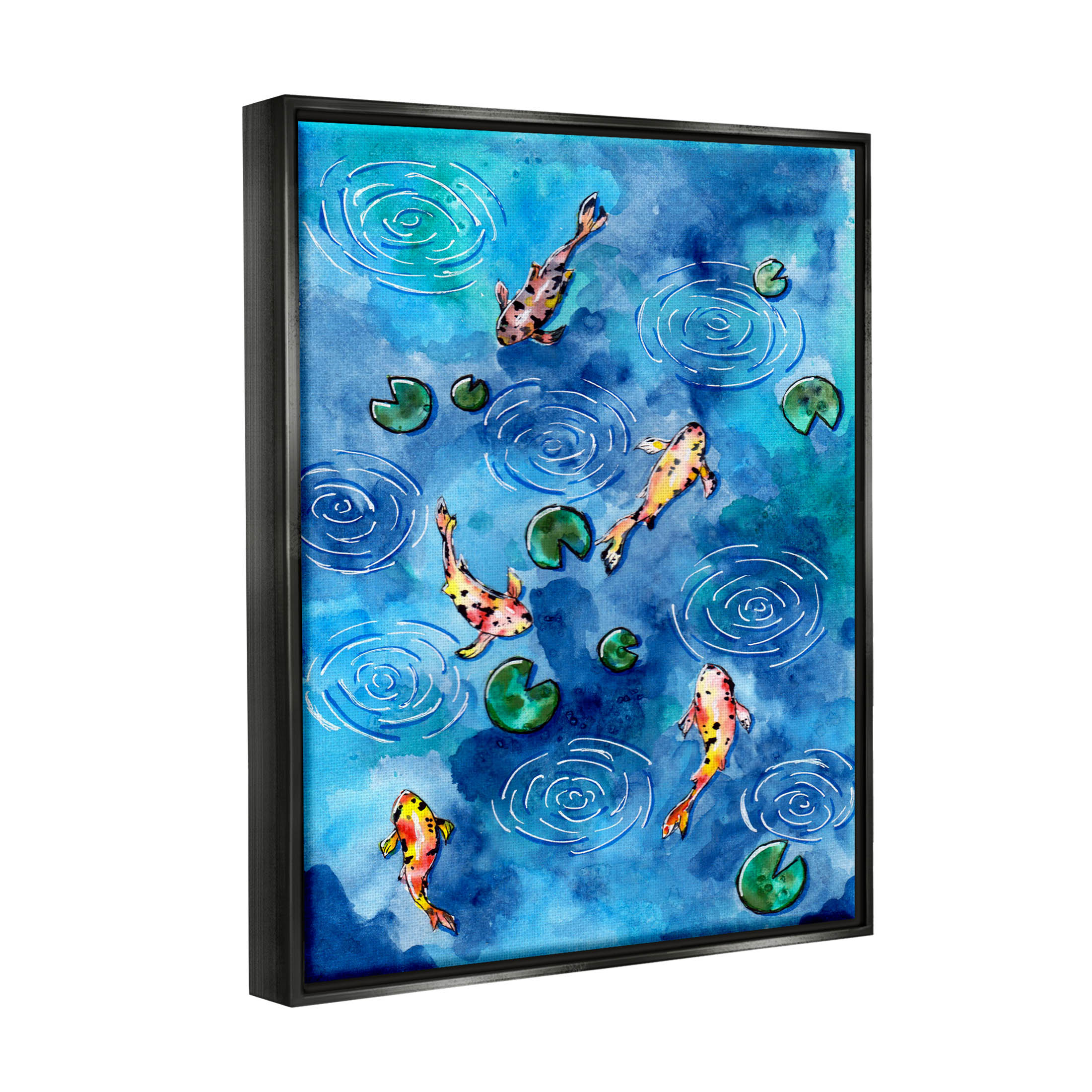 Koi Fish Ripples Pond Lilies Animals & Insects Painting Jet Black Framed Art Print Wall Art