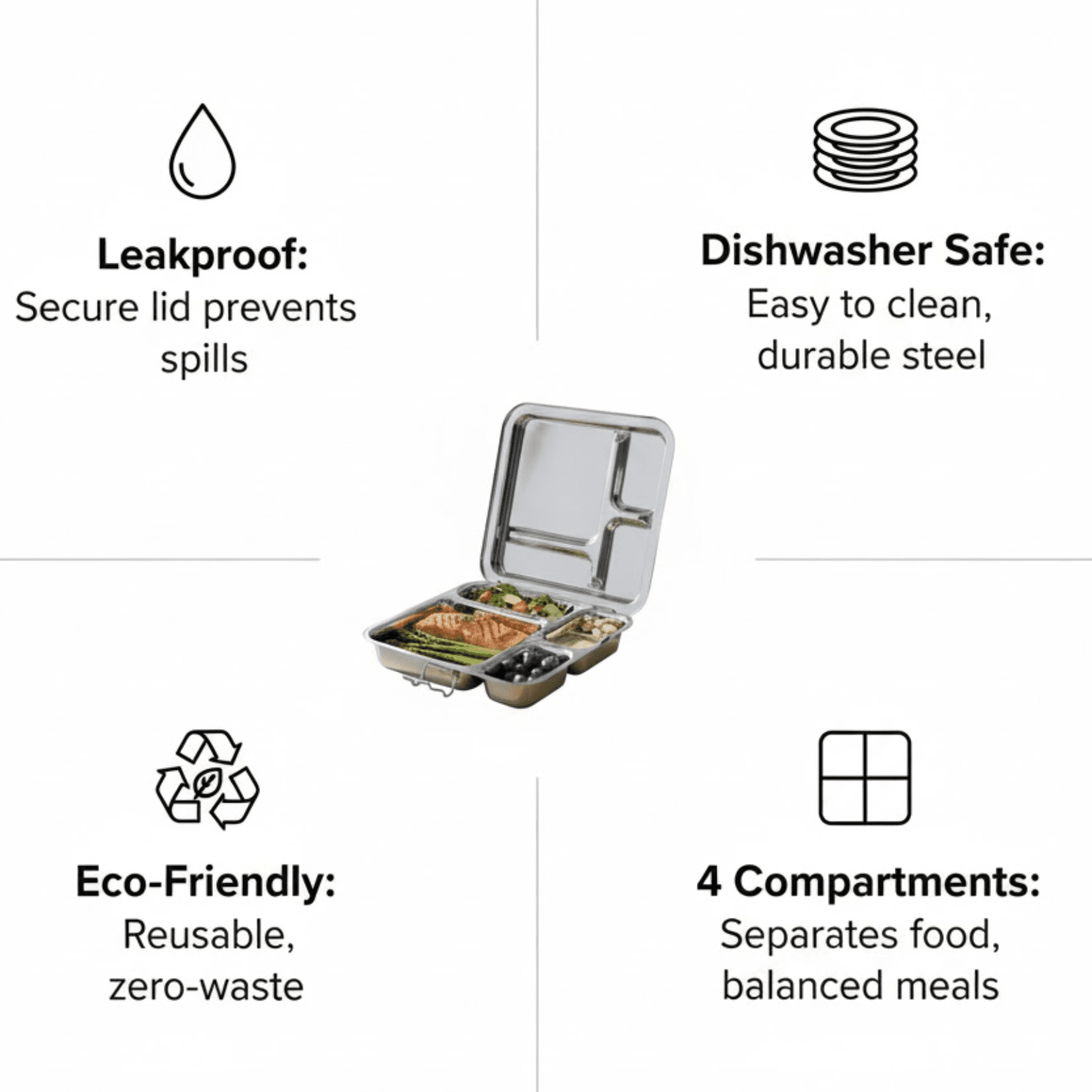 Mayur Exports Stainless Steel Bento Lunch Box for Adult - 4 Compartments Metal Bento Box Dishwasher Safe,Meal Prep Food Container for Travel Office