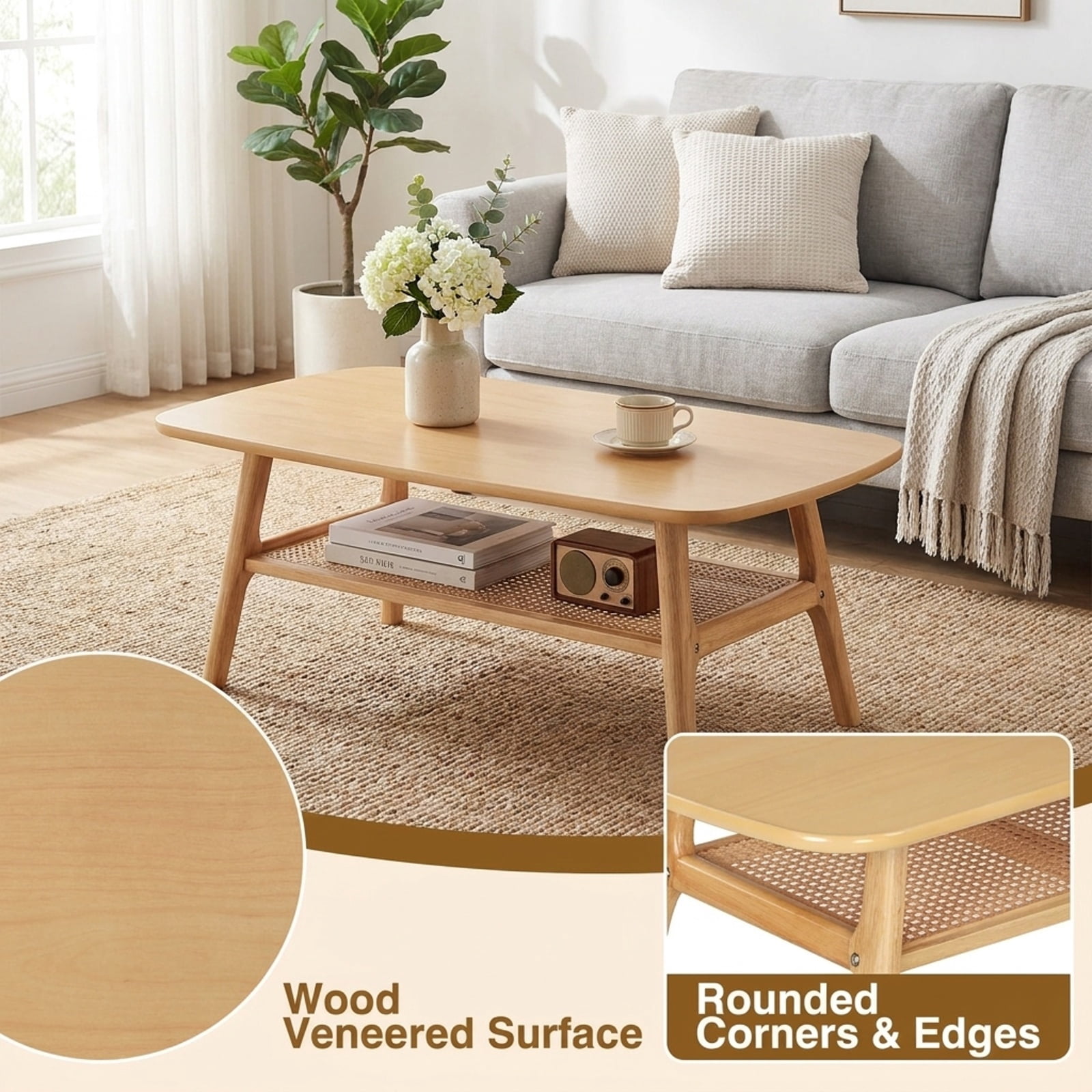 Furnibear 2 Tier Boho Rattan Coffee Table with Rounded Corners Rubber Wood Frame and Woven Open Shelf for Living Room, Natural