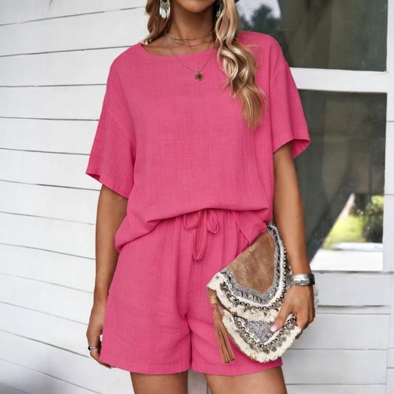 ASDFVBKG Womens Two Piece Lounge Sets Crewneck Short Sleeve Shirts and Shorts with Pockets Elastic Waist Relaxed Fit Loose Matching Tracksuits Hot Pink XL