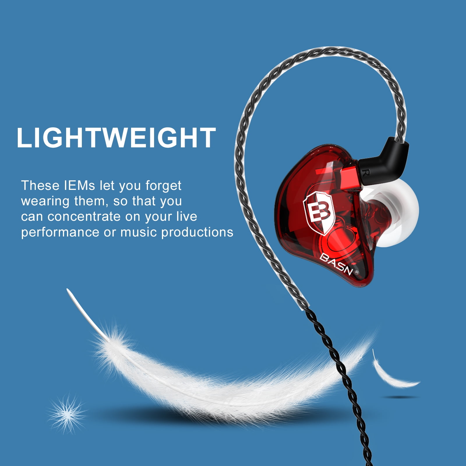 BASN Bsinger BC100 in Ear Monitor Headphones Universal Fit Noise Isolating for Musicians Singers Studio Audiophiles (Red)