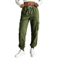 thumbnail image 2 of Womens Casual Sweatpants, Elastic Drawstring Waist Tapered Leg Pants with Multi Pockets, Jogger Pants for Fitness & Running | VerBelle,Army Green L, 2 of 7