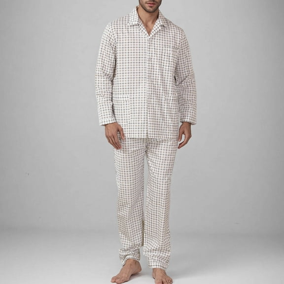 Pajams Man Checkered Button Patient Care Gown Long Sleeve Turndown Collar Pajama Sets Men's pjs Men’s pajamas Fall pajamas Men Pijamas for Men Set Mens Soft Pajamas Sets