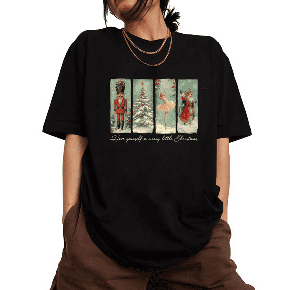 Women’s Christmas T-Shirt Vintage Nutcracker Tree Reindeer Top S-4XL