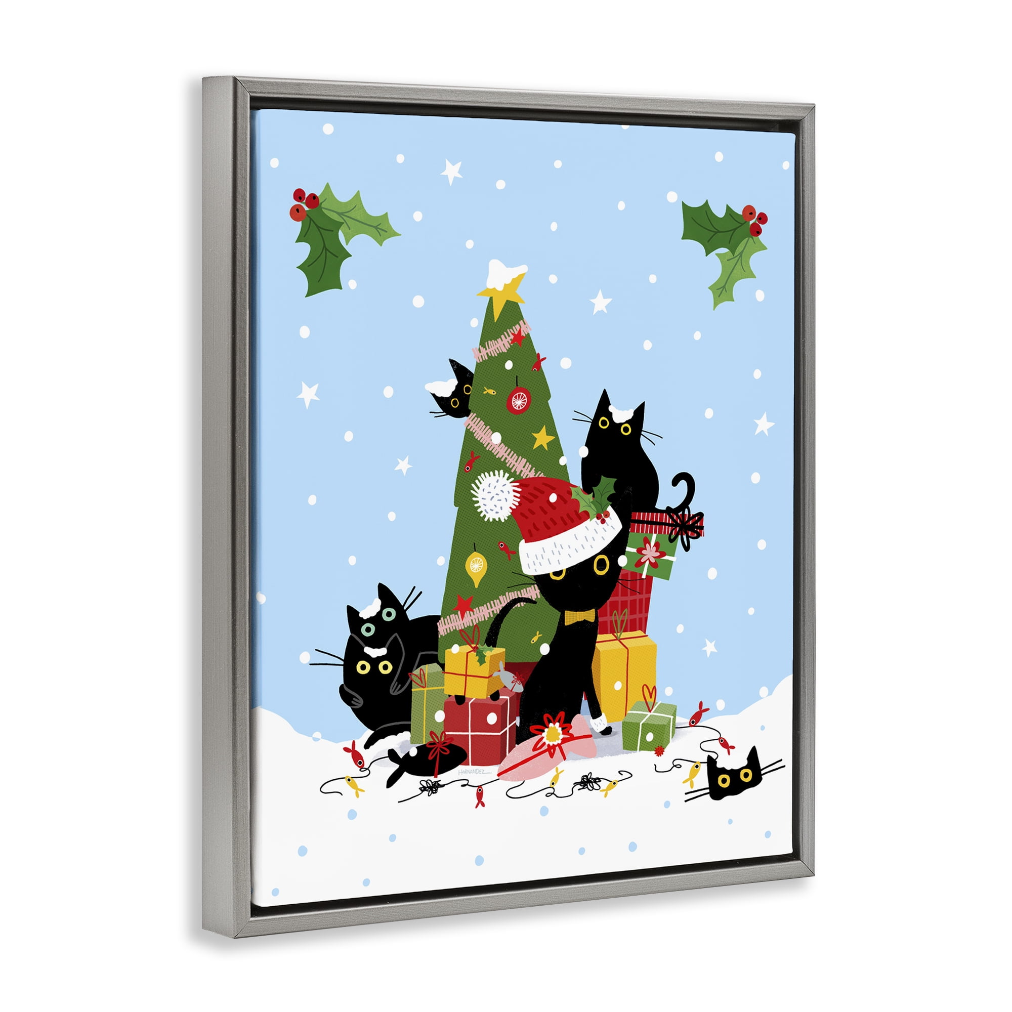 Stupell Industries Silly Cats in Christmas Tree Holiday Painting Gray Floater Framed Canvas Art Prints Wall Art, 25 x 31