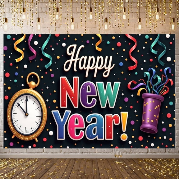 Colorful Happy New Year Banner Festive New Year Banner Streamer Decoration Confetti Design Celebration Banner for New Year Party Family Gathering Indoor Decoration