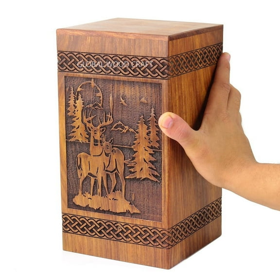 Wooden Handmade Urn for human ashes Handcrafted Laser Etching Engraved Cremation Burial & Memorial Urn For ashes Remains Storage | Adult Pet Human (Deer Christmas