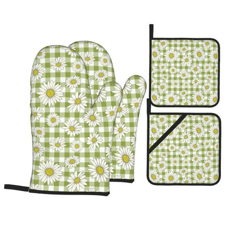 

Oven Mitts and Pot Holders 4 Piece Square Texture Daisies Flowers High Heat Slip Resistant Oven Mitt and Trivets Set Kitchen Oven Glove Pot Holders for Cooking Baking Grilling
