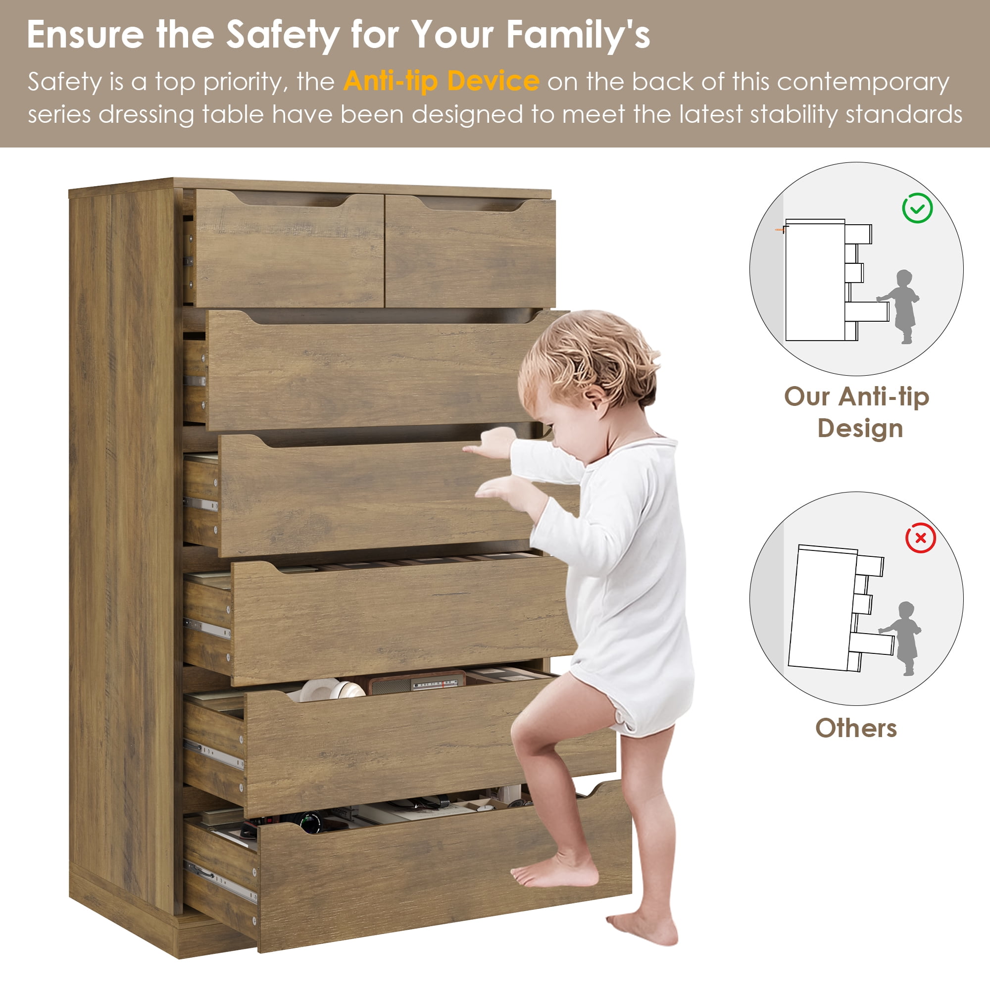 Homfa Vertical 7 Drawer Dresser, 51.3 in Tall Wood Storage Cabinet with Upgraded Stable Base for Bedroom Living Room, Rustic Brown
