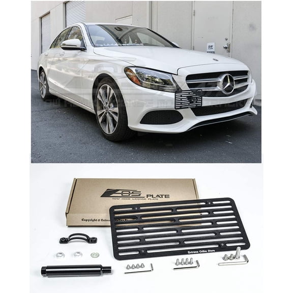 Extreme Online Store Replacement for 2015-Present Mercedes Benz C-Class 4Dr Sedan No PDC Models | EOS Plate Version 2 Full Sized Front Bumper Tow Hook License Relocator Mount Bracket Tow-254-V2 
