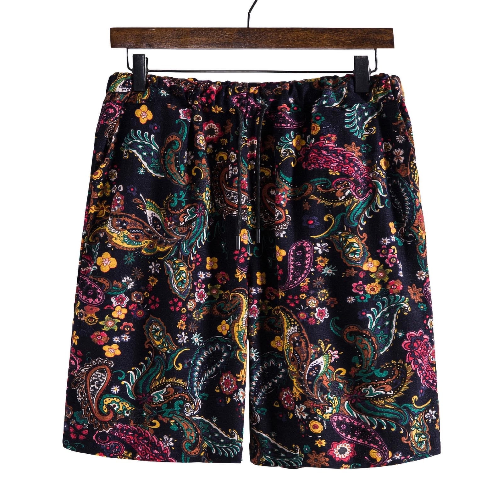 Mens Hawaiian Shorts Drawstring Cotton Linen Floral Ethnic Print Beach Shorts Casual Retro
