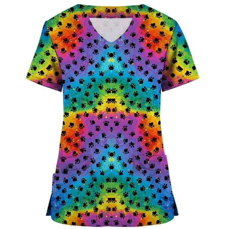 

Plus Size Scrub Tops for Women Trendy V Neck Nurse Top Short Sleeve Medical Scrub Shirts T Shirts with Pockets