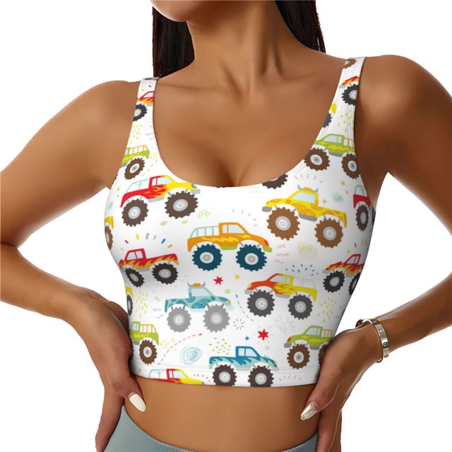 Fotbe Cartoon Monster Trucks Sujetador Deportivo Largo sin Aros para Mujer con Almohadillas y Soporte Medio, Transpirable y Absorbente, Camiseta Tipo Chaleco o Tank Top-Medium