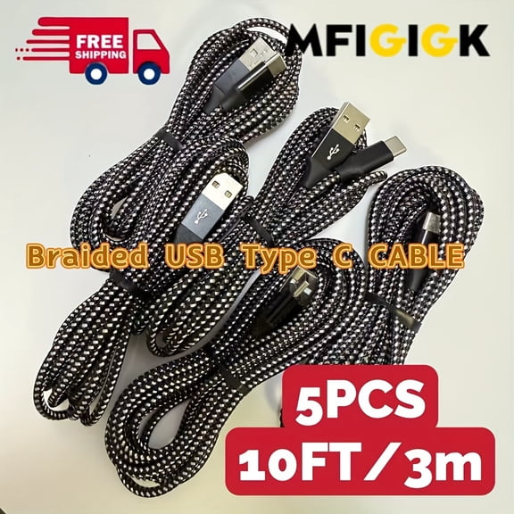 [Fast Charging, USB C Cable] 5pcs MFIGIGK 10ft USB C Type C Fast Charging Cable Lot for Samsung S20 iPhone 15 16 Cord