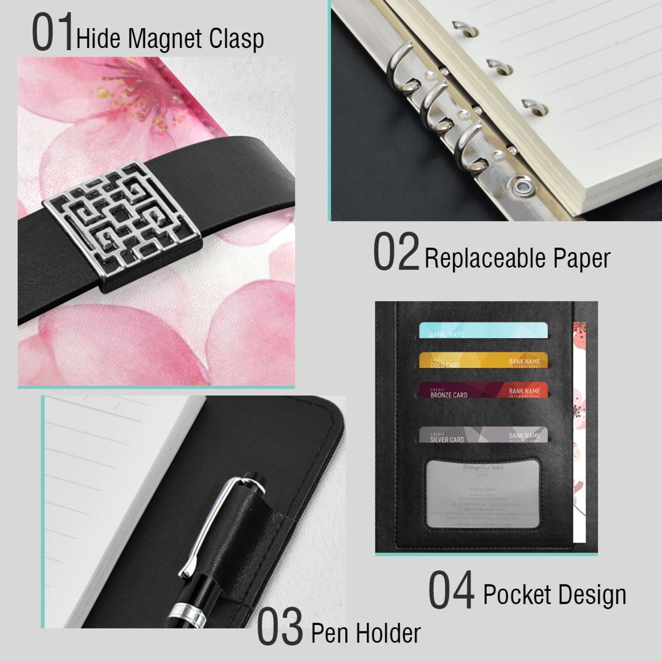 Leather Planner Leather Notebook Notebook Journal Binder Design Pen Pocket Design Convenient for Storage Beautiful Pink Flower
