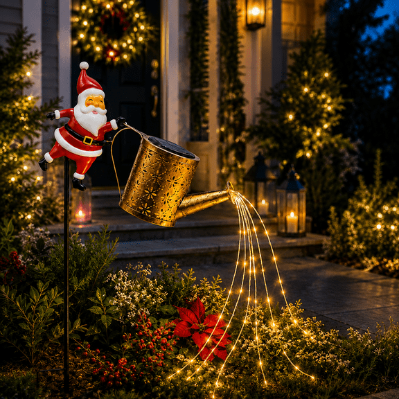 LUMIARTISAN Solar Garden Stake Light 32 inch Santa Watering Can Christmas