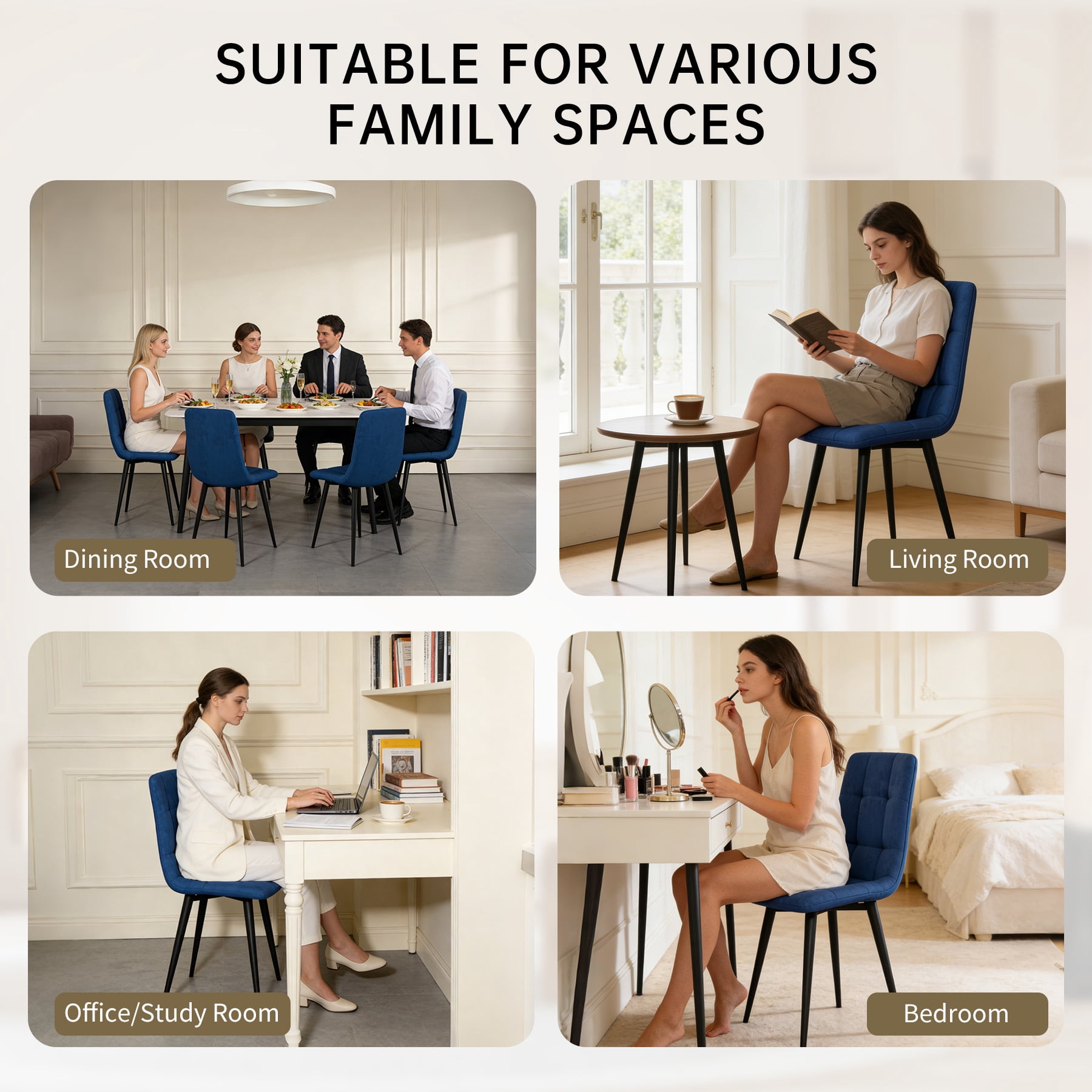 SHGJ&SOFT 360° Swivel Velvet Upholstered Dining Chairs Set of 4, Mid Century Modern Accent Chairs with L-Shaped Backrest, Adjustable Metal Legs for Kitchen Living Room(Blue1, 4pc)