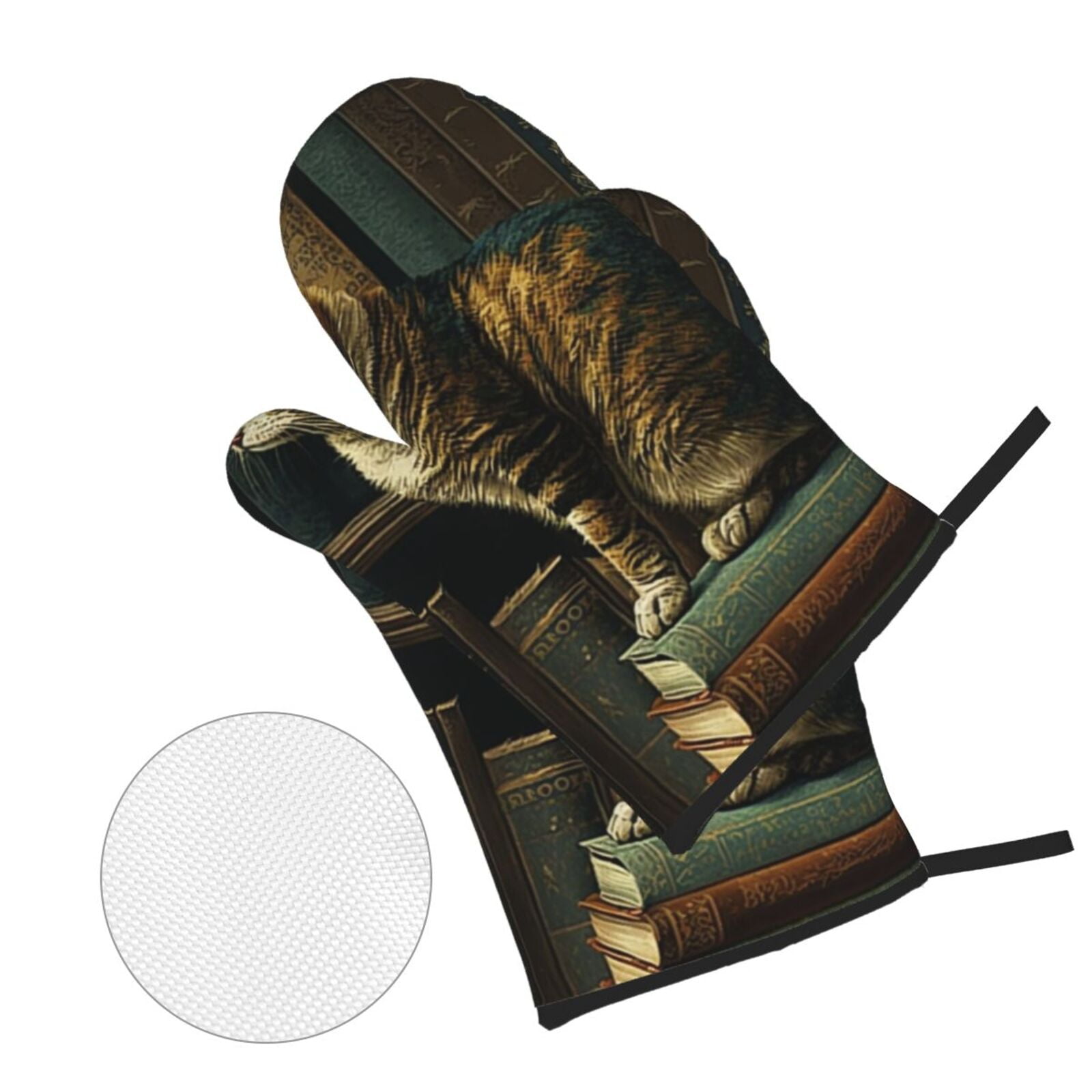 Vintage Cat Library Books 4Pcs Oven Mitts and Pot Holders Sets Oven Kitchen Gloves Hot Pads for Cooking BBQ Baking Grilling
