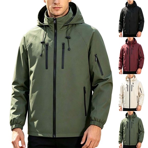 Sevevn Men Rain Jacket Attached Hood Regular Fit Waterproof Shell Fabric Full Zip Dual Chest Zip Pockets Arm Zip Pocket Cuffs For Hiking Camping Outdoor Wear