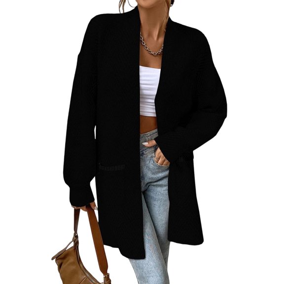 IROINNID Womens Long Sleeve Striped Cardigan Sweater Coat with Pockets Oversized Off Shoulder Casual Knit Tops Long Outerwear for Fall Winter(Black,M)