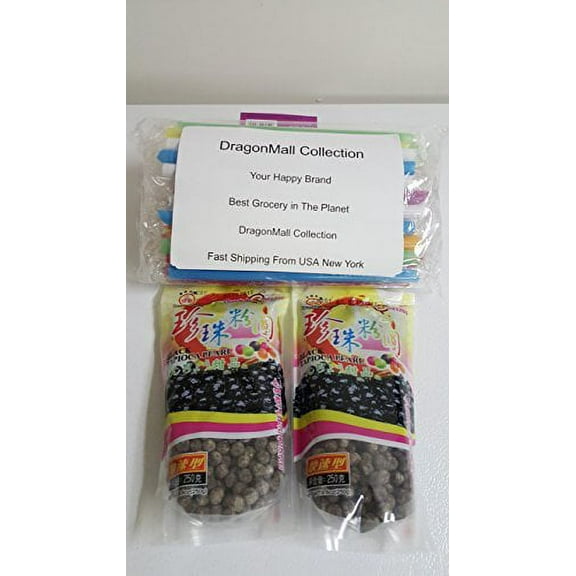 DragonMall Collection Includes Two BOBA (Black) Tapioca Pearl "Bubble Tea Ingredients" With additonal 1 Pack of 35 BOBA STRAWS(Variety Color) (Black Two Pack)  One NineChef Spoon