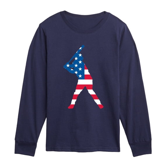 Instant Message - Baseball Player Silhouette Flag Long Sleeve Graphic T-Shirt