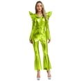 thumbnail image 1 of Moggemol Womens 70s Rave Outfits Shiny Metallic Bell Bottom Alien Jumpsuit Fluorescent Green L, 1 of 4