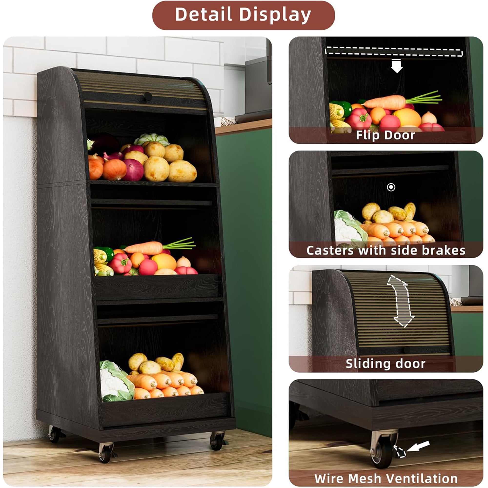 Onion and Potato Storage Bin Box, Movable Potato Bins with Sliding Door, Farmhouse Kitchen Pantry Cabinet