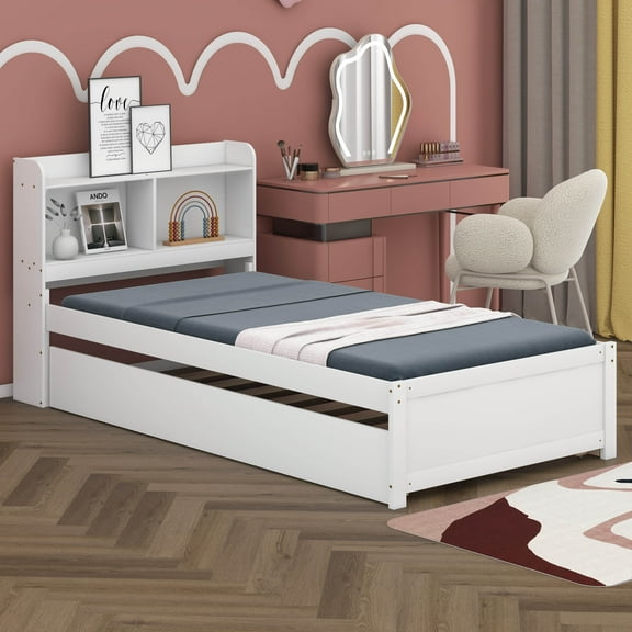 BEBPILOO Twin Bed with Trundle,Bookcase,White
