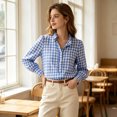 thumbnail image 5 of Shirts for Women Casual Plaid Ruffle Collar Long Sleeve Button Front Regular Fit Work Wear Shirt, 5 of 7