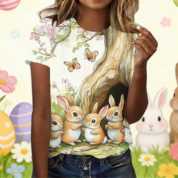 VKOYWKM Womens Happy Easter T-Shirts Short Sleeve Summer Tshirts Cute Tops Bunny Rabbit Eggs Graphic Tees Loose Fit Holiday Crew Neck Bunny Tshirts