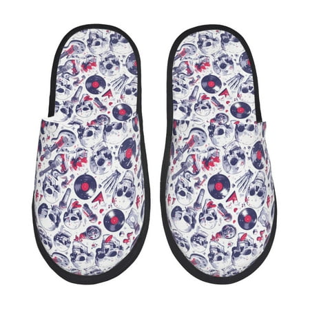 Balery music Skull record mike Slient Indoor Furry Fleece Comfort House Shoes Soft Non-Slip Home Shoes Cotton slippers House Slippers-- Medium
