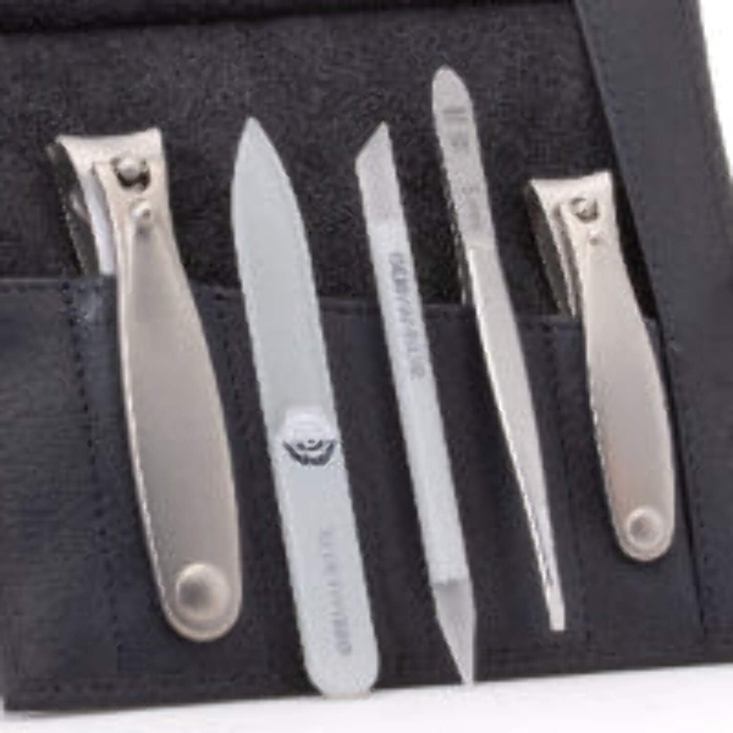 GERMANIKURE 5pc Manicure  Pedicure Set - FINOX® Surgical Steel: Toenail and Fingernail Clippers, Tweezers,Travel Glass File, and Travel Glass Cuticle Stick in Leather case