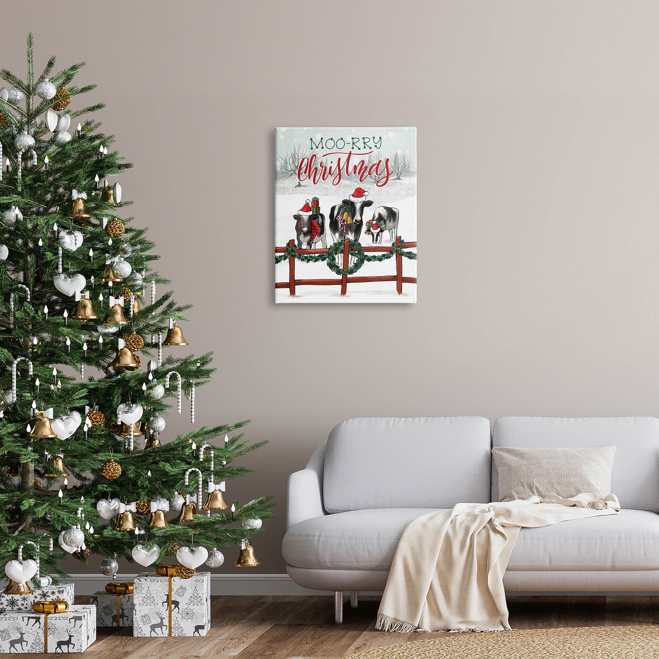 Moo-rry Christmas Holiday Snowy Cows Holiday Graphic Art Gallery Wrapped Canvas Print Wall Art
