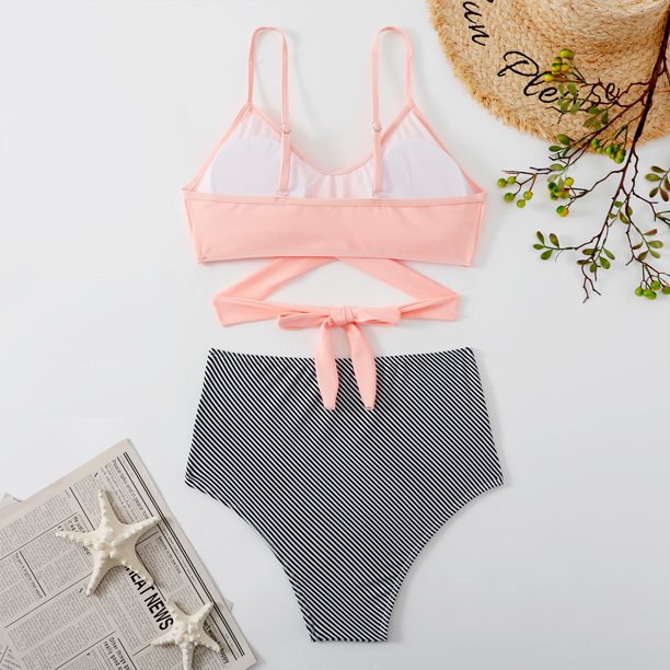 Conjuntos De Bikini De Cintura Alta Conjuntos de bikini de cintura alta para mujer Traje de baño sexy de ropa de playa simple dividida (Rosa claro L) Cgtredaw Para estrenar