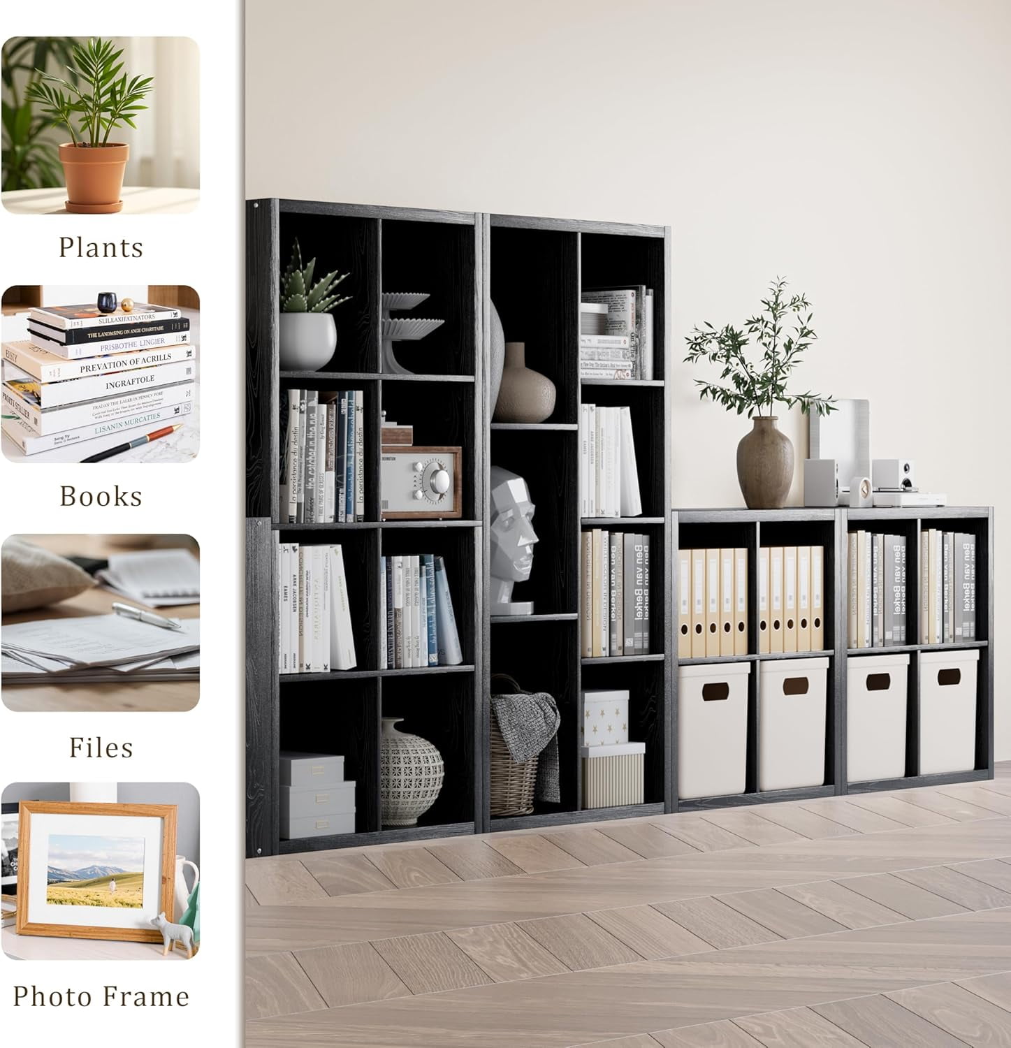 Anhdah 8 Cube Storage Organizer Bookshelf, Black Wooden Bookcase Storage Shelf, Sturdy 8-Cube Organizer for Living Room, Bedroom, Home Office, Easy Assembly