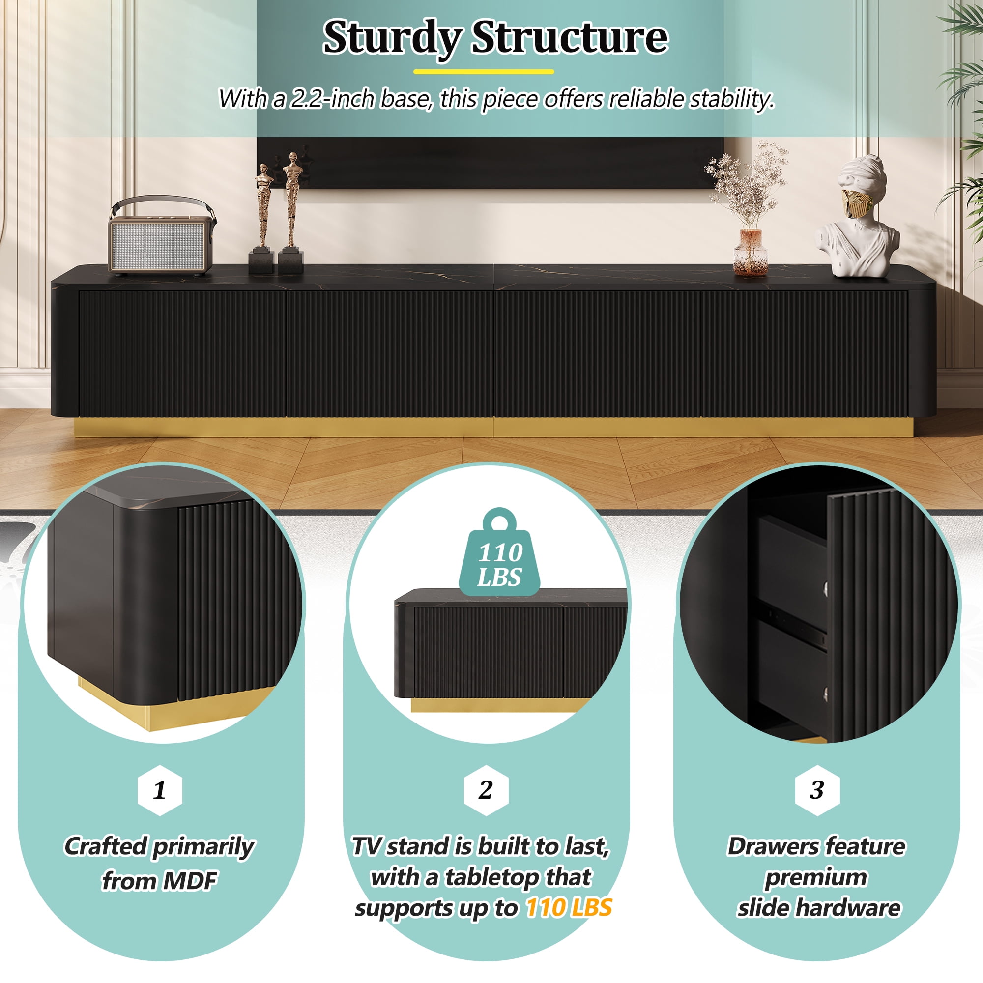 HIUU Fluted TVs Console with Storage for TVs Up to 85",Luxury TV Stand with Faux Marble Table Top,Marble TV Stand Modern,Black Entertainment Center with Gold Base