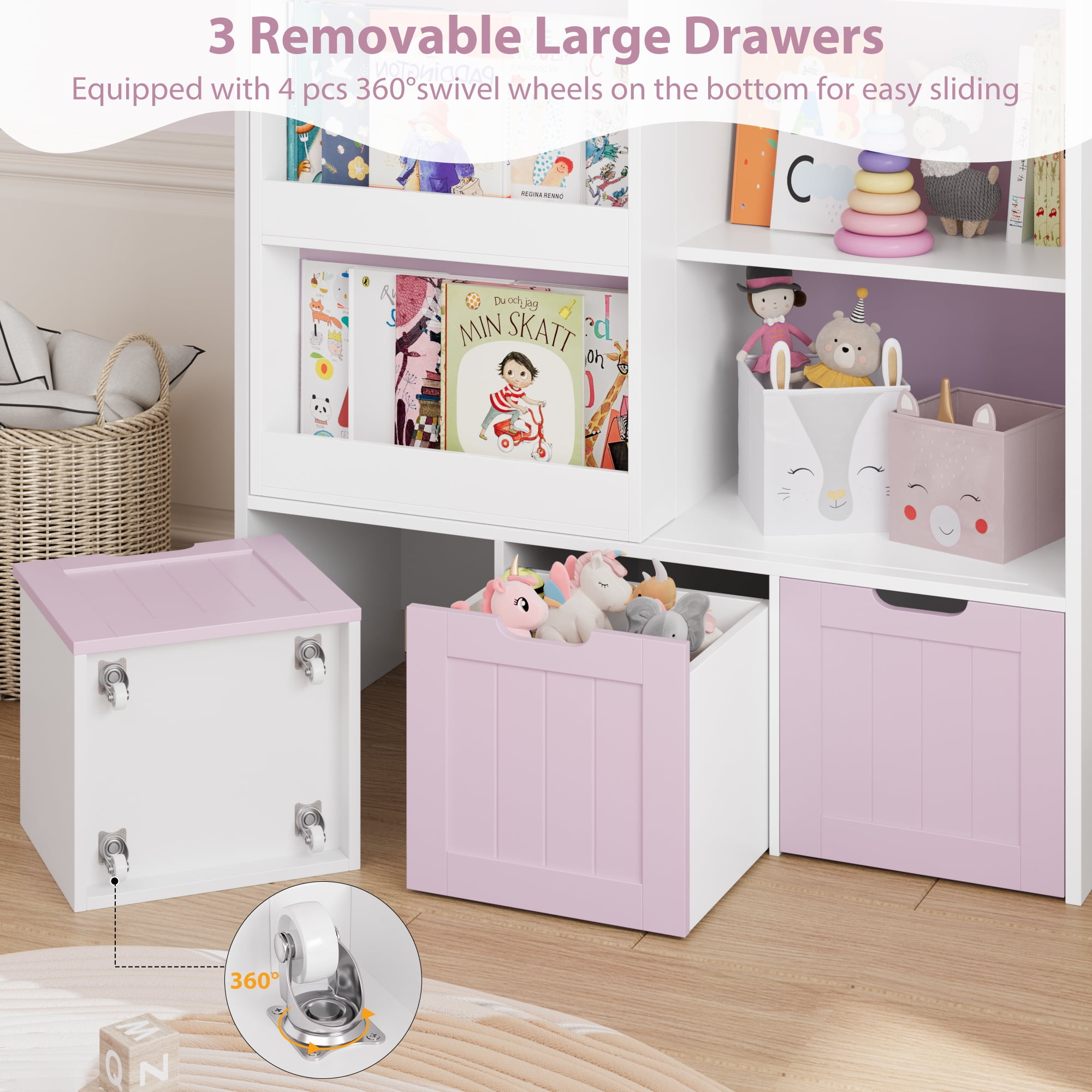 Homfa 6 Cube Toy Storage, Cube Organizer with Sliding Rack, 3 Drawer Kids Bookcase and Bookshelf, Pink