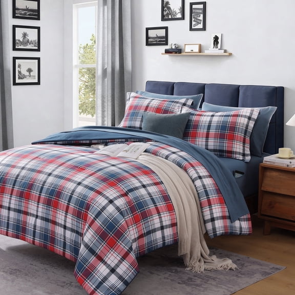 Catami Plaid Design 5-piece Bed in a Bag Comforter Set with Sheets,Navy Red,Twin XL