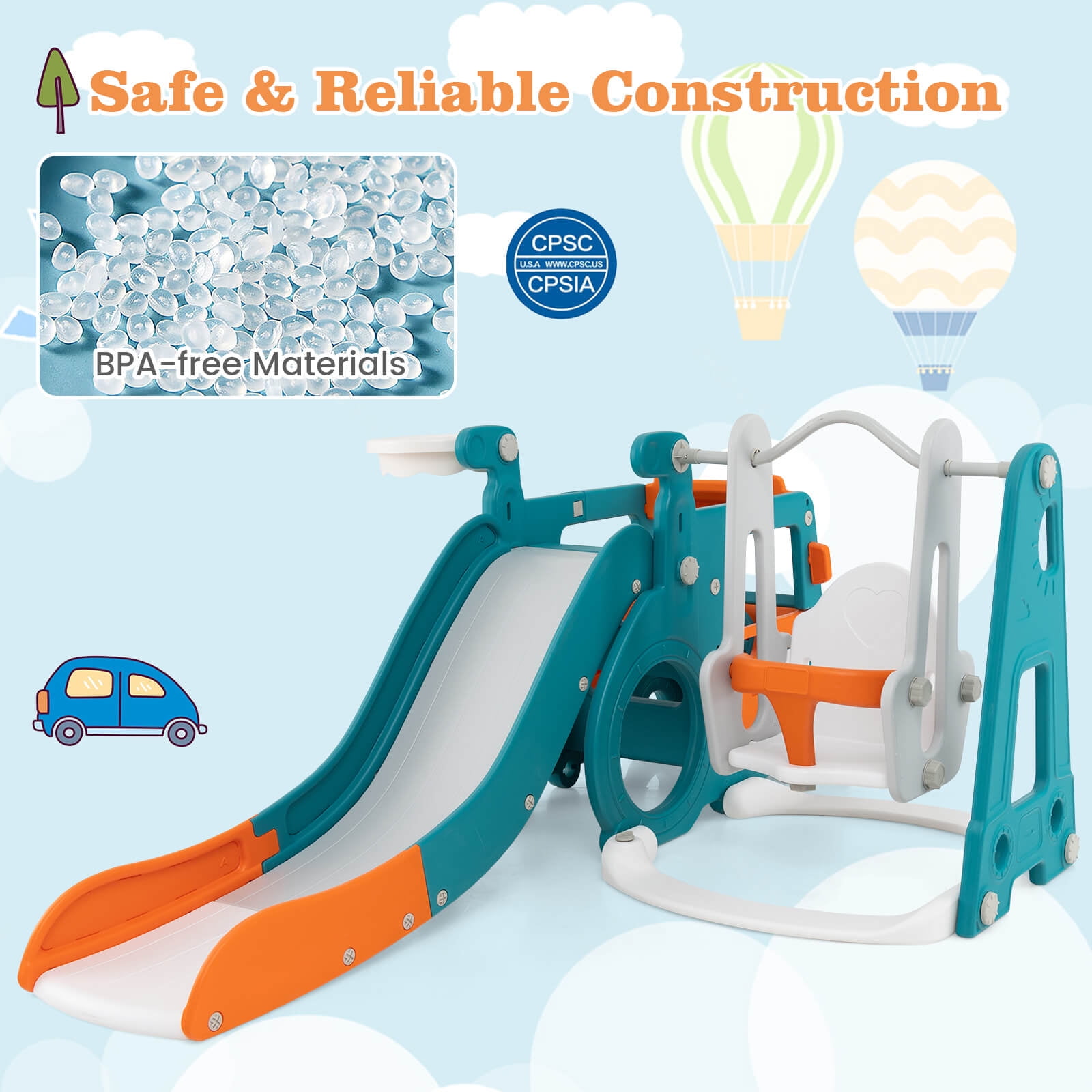 Infans 5-in-1 Toddler Slide Set w/ Basketball Hoop and Swing Baby Slide Playset Indoor