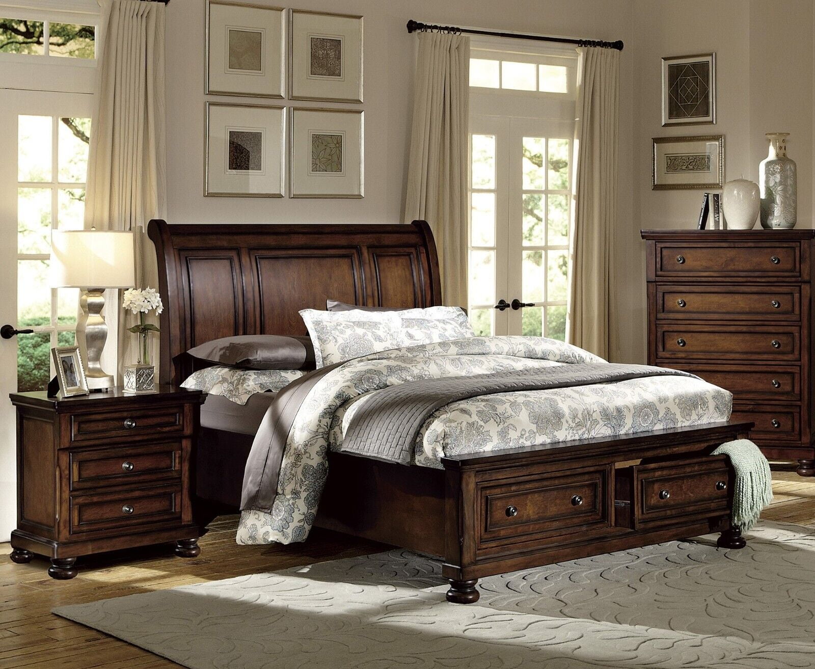 Brown Cherry Finish 3pc Bedroom Set Platform Full Bed Storage