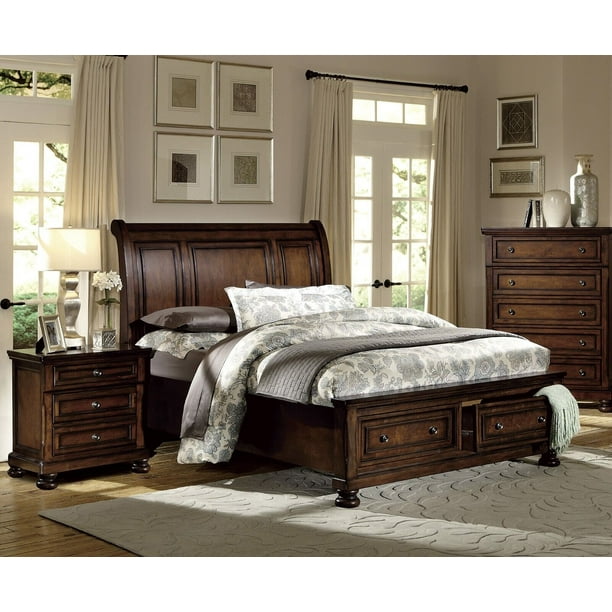 Brown Cherry Finish 3pc Bedroom Set Platform Full Bed Storage