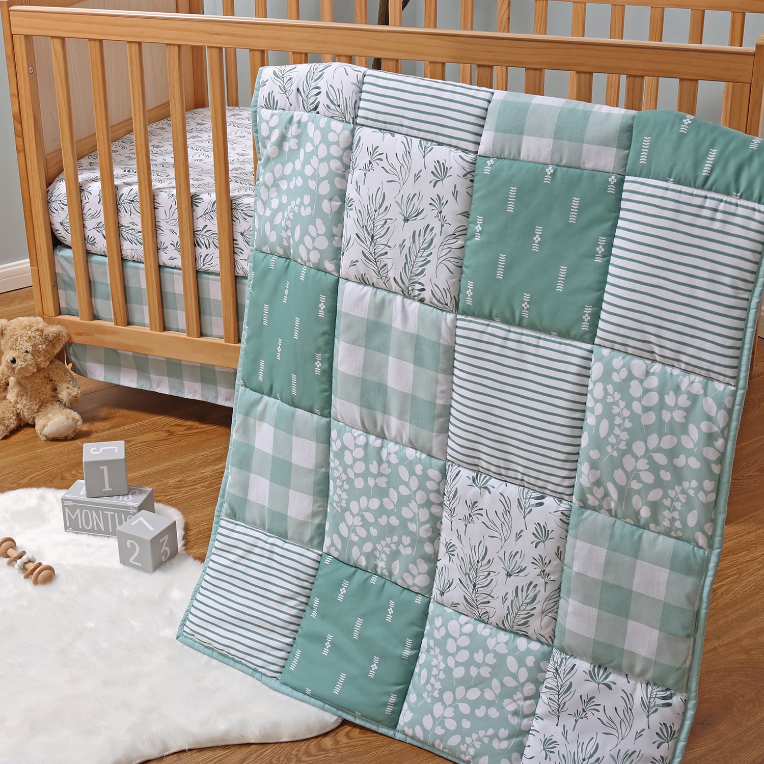 The Peanutshell Nursery Crib Bedding Set for Baby Girls and Boys, Sage, 3 Pieces