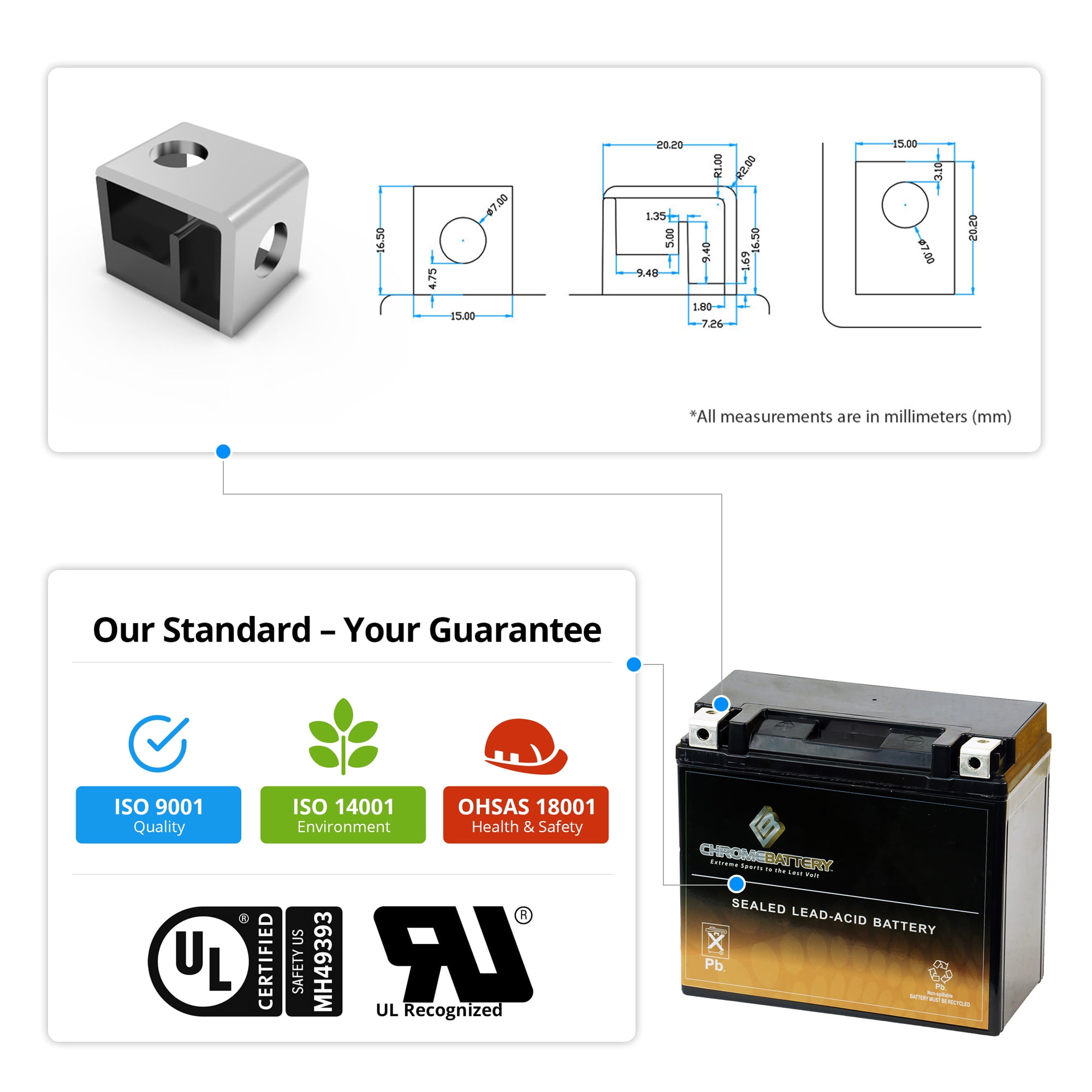 Chrome Battery YTX20-BS (20-BS 12 Volt,18 Ah, 270 CCA) High Performance - Maintenance Free - Sealed AGM Motorcycle Battery