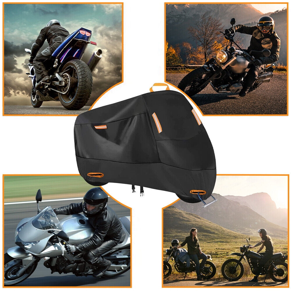 Motorcycle Cover (Four Seasons) Waterproof and Sun Protection Outdoor Night Reflective with Keyhole and Storage Pocket, (XXL: 90" x 35" x 50")