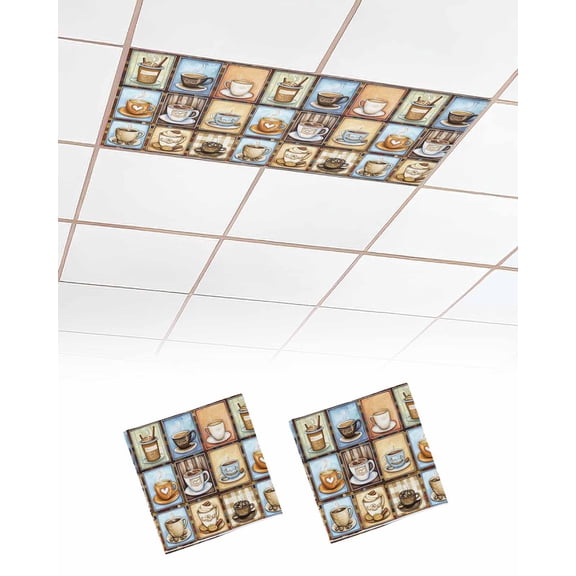 Watercolor Coffee Fluorescent Light Covers for Ceiling Lights 4x2 feet, 2 Pack Magnetic Light Filters for Classroom, Retro Coffee Patchwork Fluorescent Light Shade Panel for Office School Drop Home