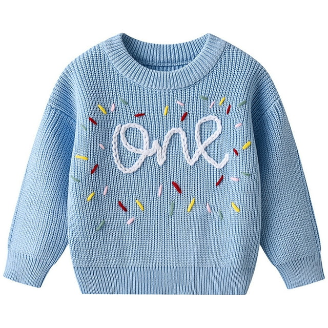 Chandail pour Tout-Petits à Manches Longues, Col Ras du Cou, Chandail Imprimé Bleu, Chandail Chaud pour Bébé Fille, Tenues d'Automne, Chandail pour Tout-Petit 1-2 Ans