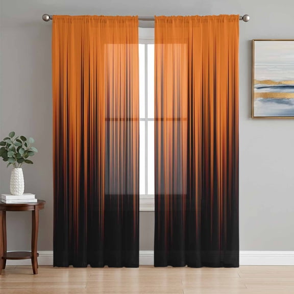 Sheer Curtains 63 Inch Length 2 Panels Set for Bedroom, Burnt Orange Black Ombre Semi Sheer Curtains for Windows, Modern Abstract Striped Gradient Voile Window Treatments Rod Pocket Curtain